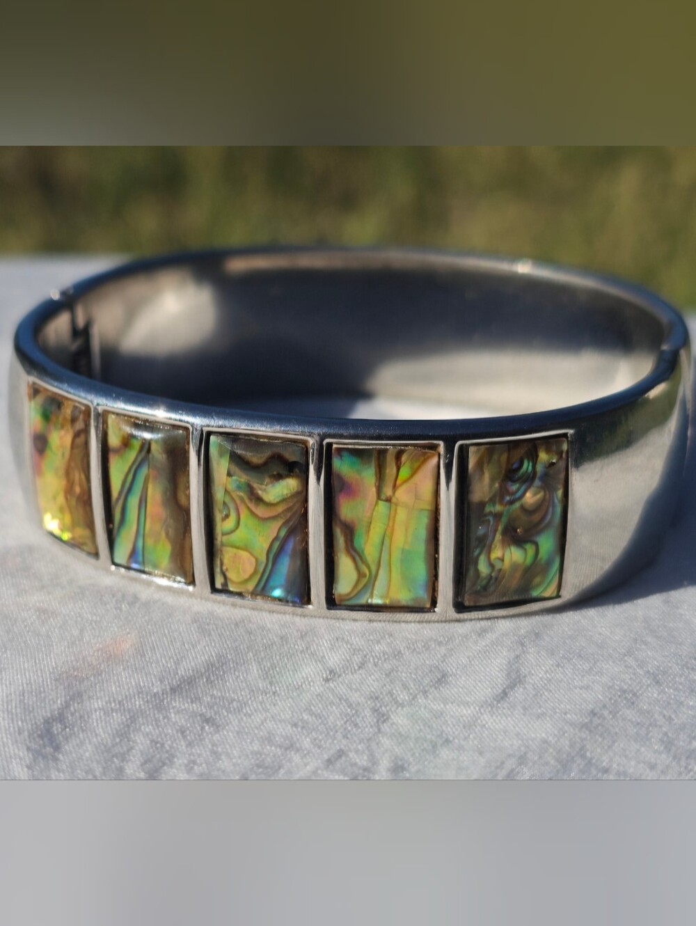 Vintage Abalone Shell Hinged Clamper Bracelet Stainless Steel Inlay Cuff